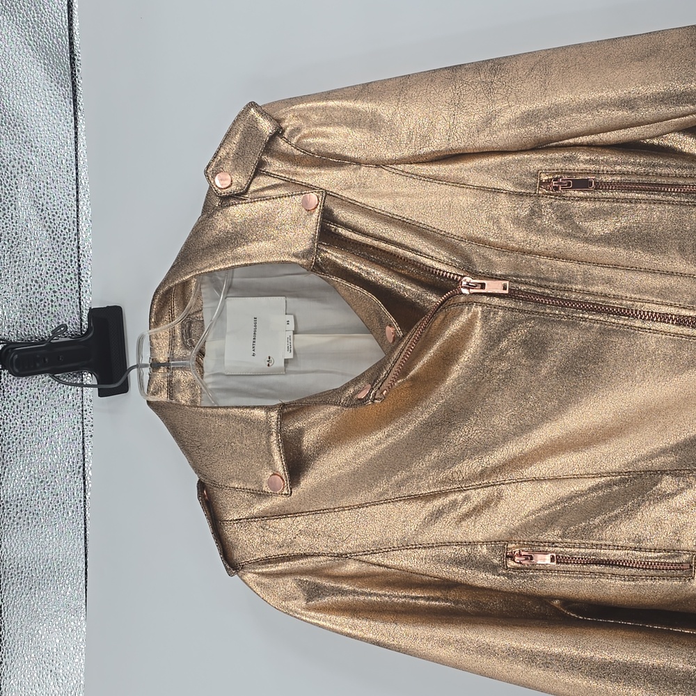 Anthropologie Metallic Faux Leather Moto Jacket Rose Gold Women's Size XS - Picture 2 of 10